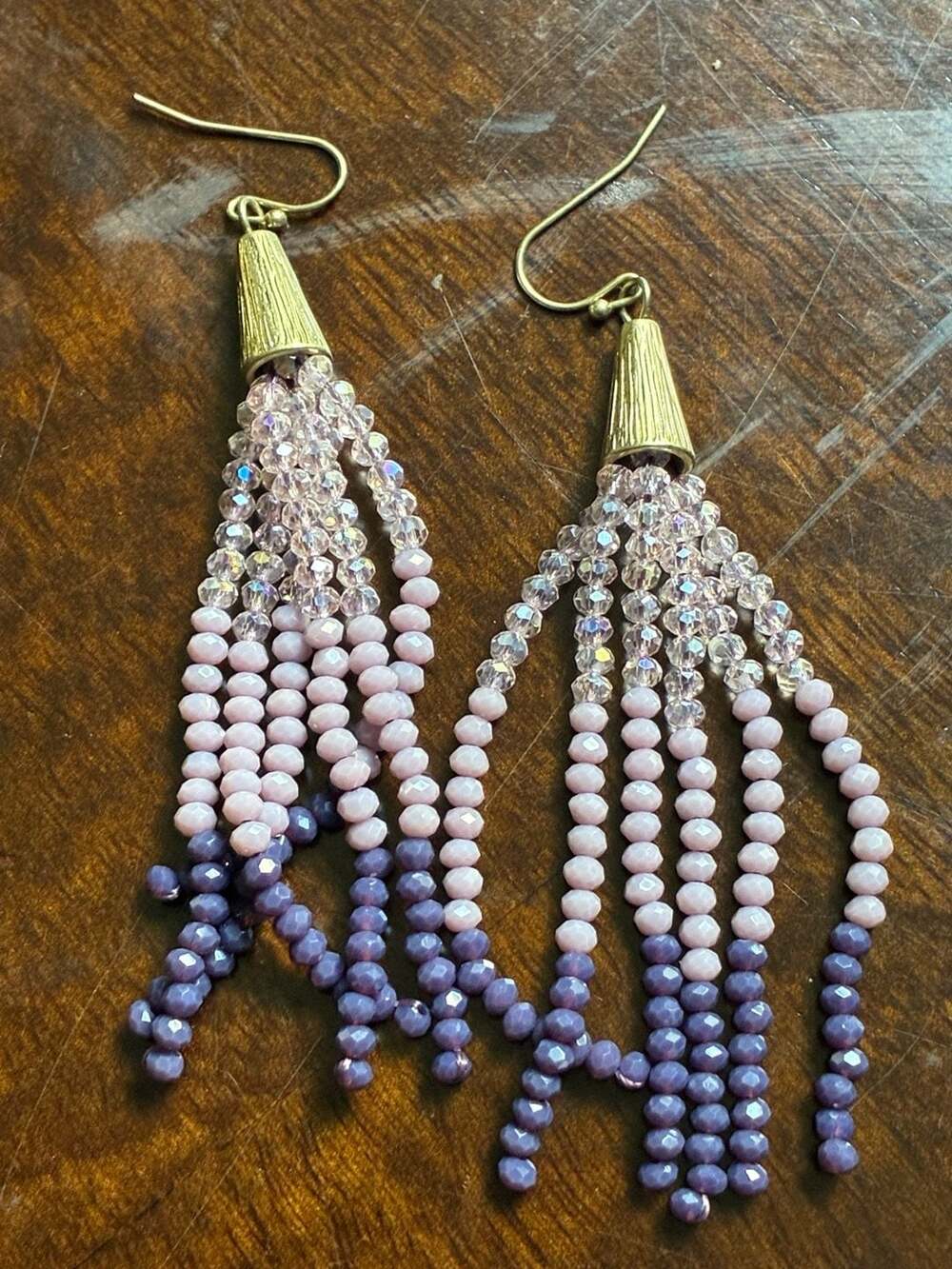 Ombre Purple Crystal Beaded Tassel Drop Earrings with Gold Tone Accents